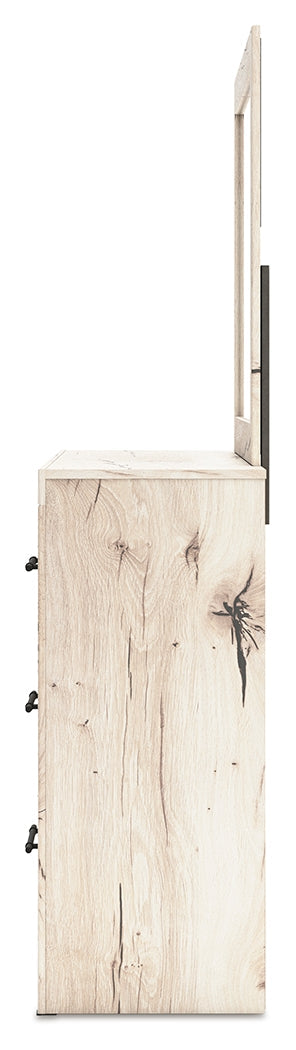 Lawroy Queen Panel Bed with Mirrored Dresser, Chest and Nightstand in Light Natural from Ashley - Lara Furniture