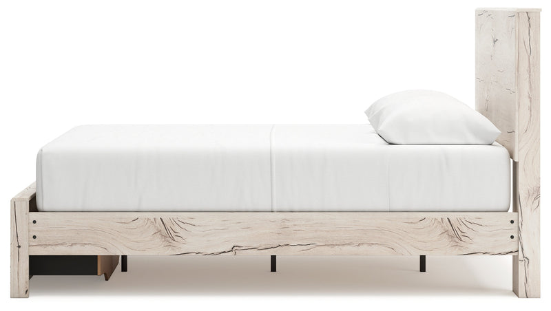 Lawroy Queen Panel Storage Bed with Mirrored Dresser and 2 Nightstands in Light Natural from Ashley - Lara Furniture