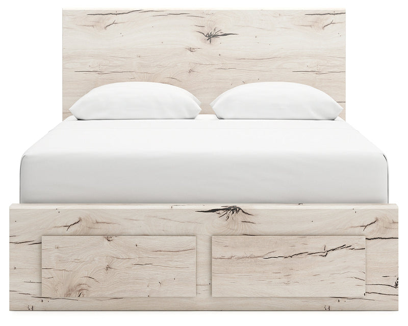 Lawroy Queen Panel Storage Bed with Mirrored Dresser and 2 Nightstands in Light Natural from Ashley - Lara Furniture