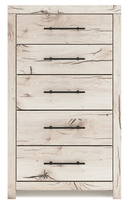 Lawroy Queen Panel Storage Bed with Mirrored Dresser and Chest in Light Natural from Ashley - Lara Furniture