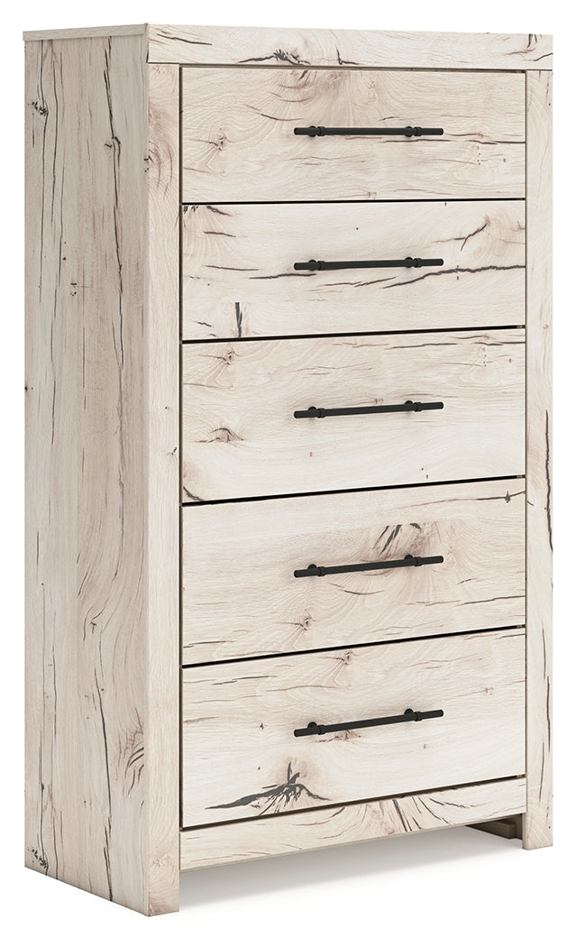 Lawroy Queen Panel Storage Bed with Mirrored Dresser and Chest in Light Natural from Ashley - Lara Furniture