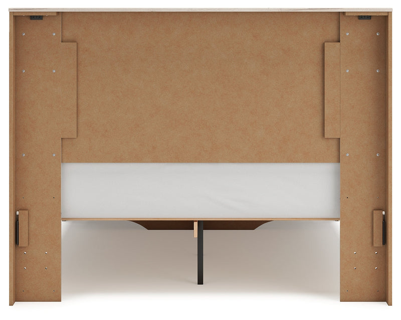Lawroy Queen Panel Storage Bed with Mirrored Dresser and Nightstand in Light Natural from Ashley - Lara Furniture