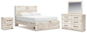 Lawroy Queen Panel Storage Bed with Mirrored Dresser and Nightstand in Light Natural from Ashley - Lara Furniture