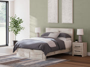 Lawroy Queen Panel Storage Bed with Mirrored Dresser and Nightstand in Light Natural from Ashley - Lara Furniture