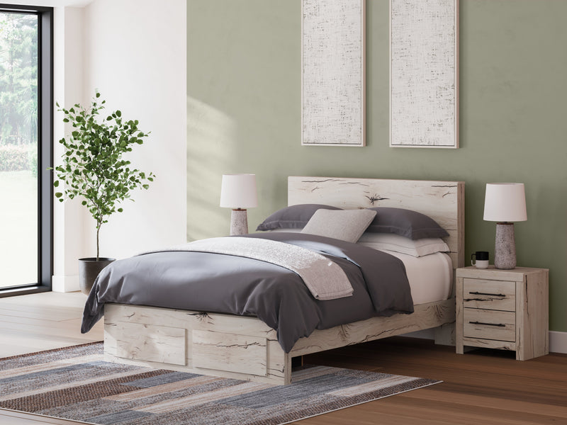 Lawroy Queen Panel Storage Bed with Mirrored Dresser and Nightstand in Light Natural from Ashley - Lara Furniture