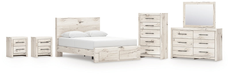 Lawroy Queen Panel Storage Bed with Mirrored Dresser, Chest and 2 Nightstands in Light Natural from Ashley - Lara Furniture