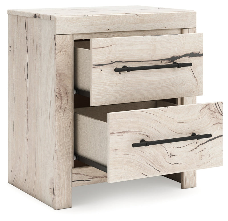 Lawroy Queen Panel Storage Bed with Mirrored Dresser, Chest and 2 Nightstands in Light Natural from Ashley - Lara Furniture