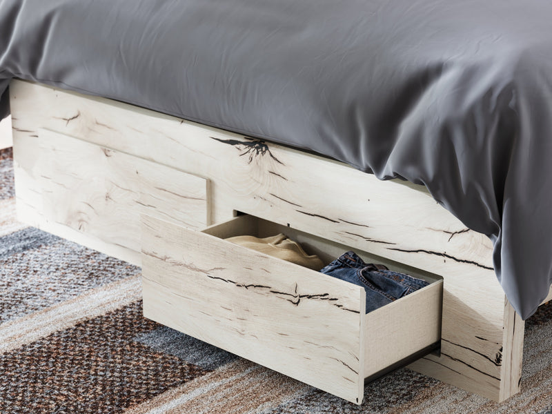 Lawroy Queen Panel Storage Bed with Mirrored Dresser, Chest and 2 Nightstands in Light Natural from Ashley - Lara Furniture