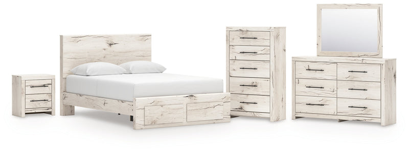 Lawroy Queen Panel Storage Bed with Mirrored Dresser, Chest and Nightstand in Light Natural from Ashley - Lara Furniture