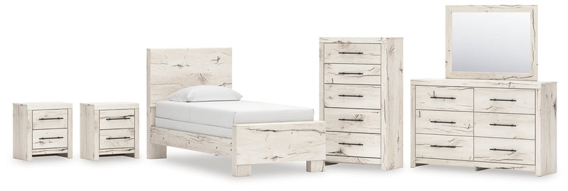 Lawroy Twin Panel Bed with Mirrored Dresser, Chest and 2 Nightstands in Light Natural from Ashley - Lara Furniture