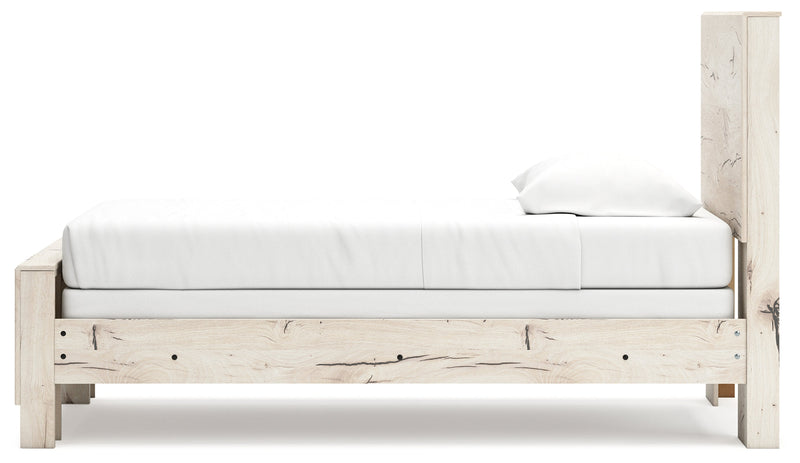 Lawroy Twin Panel Bed with Mirrored Dresser, Chest and 2 Nightstands in Light Natural from Ashley - Lara Furniture