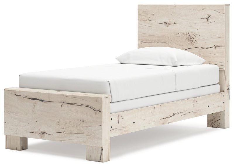 Lawroy Twin Panel Bed with Mirrored Dresser, Chest and 2 Nightstands in Light Natural from Ashley - Lara Furniture