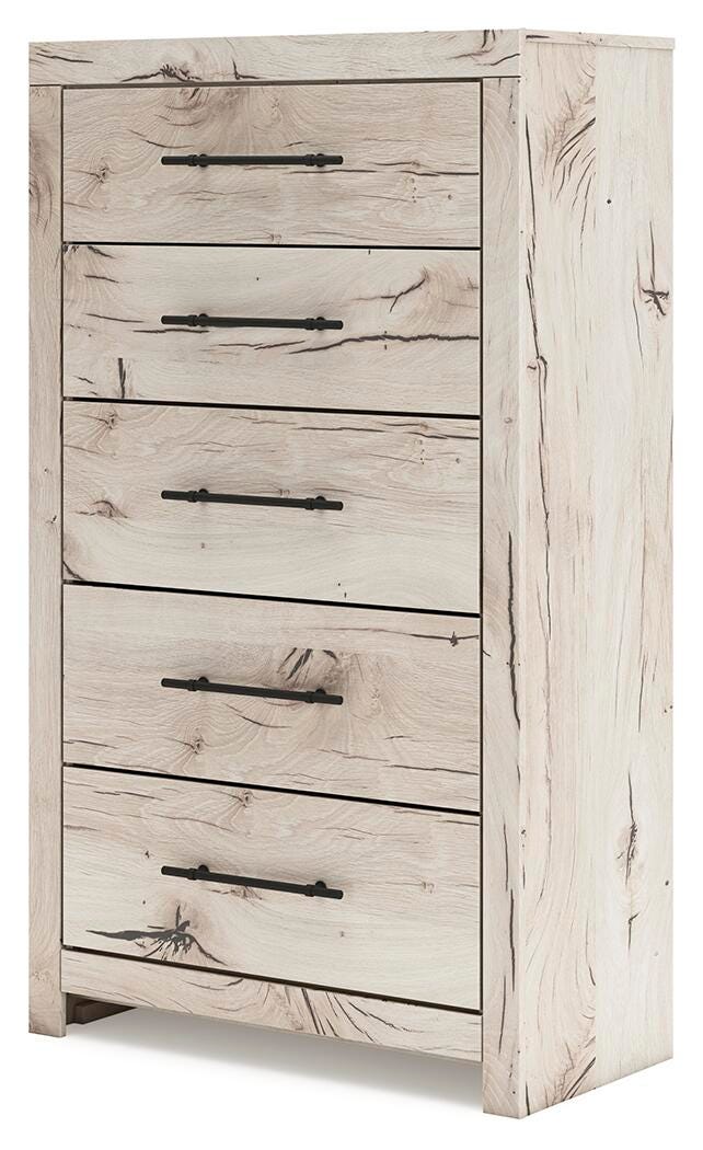 Lawroy Twin Panel Bed with Storage, Dresser, Mirror and Chest in Light Natural - PKG020243
