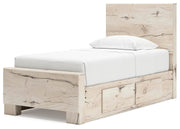 Lawroy Twin Panel Bed with Storage, Dresser, Mirror and Chest in Light Natural - PKG020243