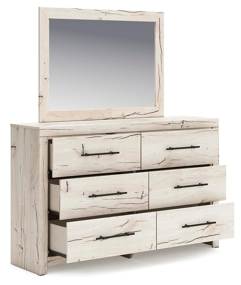 Lawroy Twin Panel Bed with Storage, Dresser, Mirror and Chest in Light Natural - PKG020243