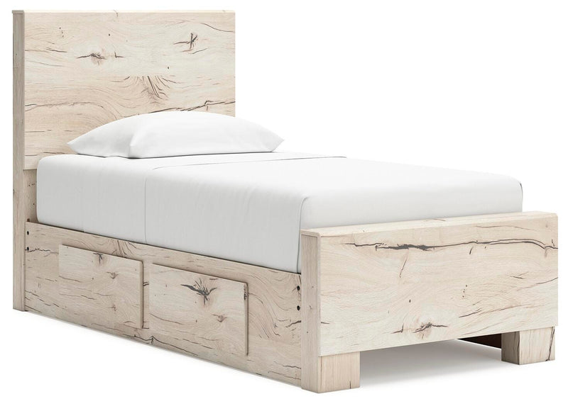 Lawroy Twin Panel Bed with Storage, Dresser, Mirror and Nightstand in Light Natural - PKG020242