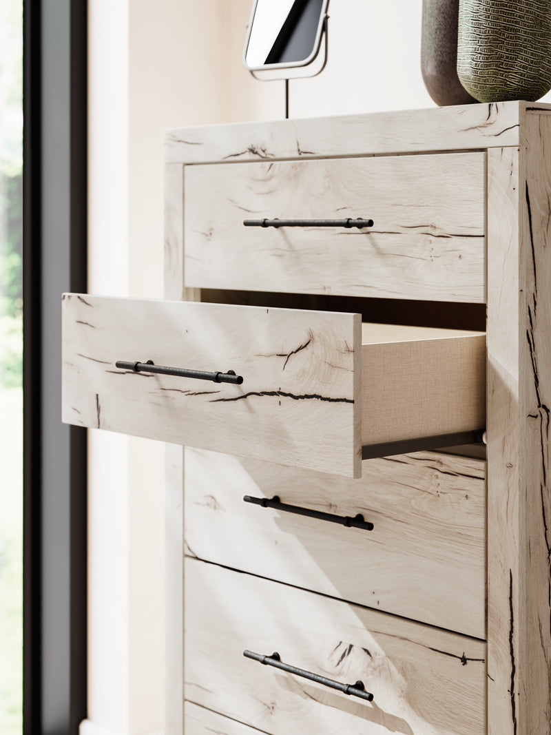 Lawroy Twin Panel Headboard with Mirrored Dresser and Chest in Light Natural from Ashley - Lara Furniture