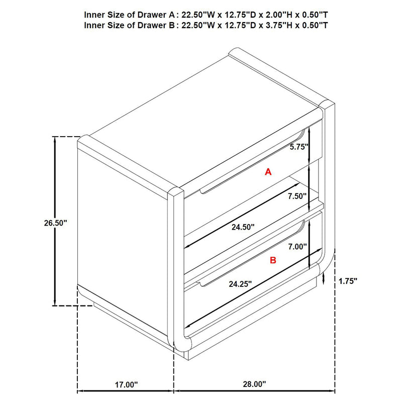 Leandro 2-drawer LED Nightstand with USB Burnished Black - 222492