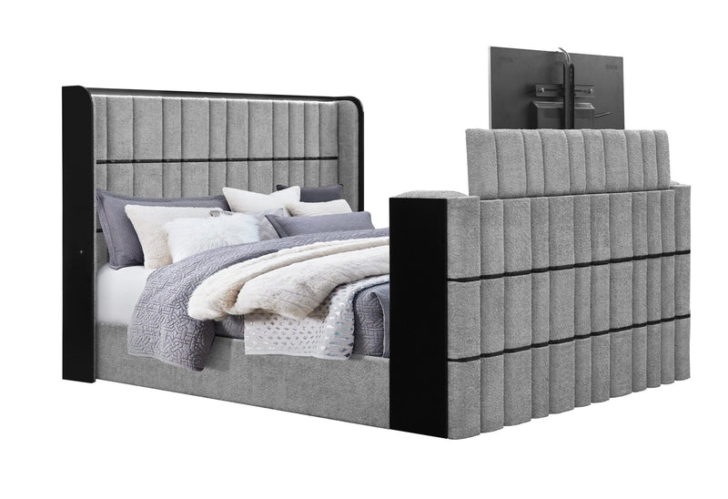 Isabella Grey King Bed W/Led, Tv Lift, Speaker And Fireplace - ISABELLA-GREY-KB W/LED TV LIFT SPKR & FPLC