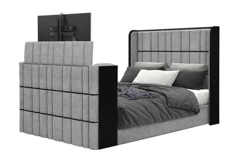 Isabella Grey Queen Bed W/Led, Tv Lift, Speaker And Fireplace - ISABELLA-GREY-QB W/LED TV LIFT SPKR & FPLC