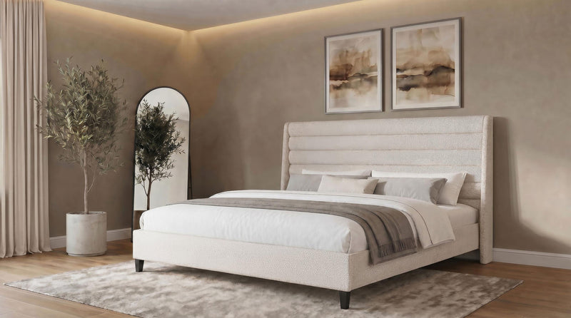 Leslie Upholstered Tufted Eastern King Wingback Platform Bed Beige - 315983KE