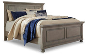 Lettner California King Panel Bed with Mirrored Dresser and 2 Nightstands in Light Gray - PKG006597