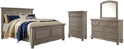 Lettner California King Panel Bed with Mirrored Dresser and Chest in Light Gray - PKG006598