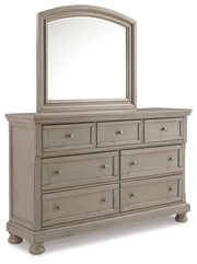 Lettner California King Panel Bed with Mirrored Dresser, Chest and 2 Nightstands in Light Gray from Ashley - Lara Furniture