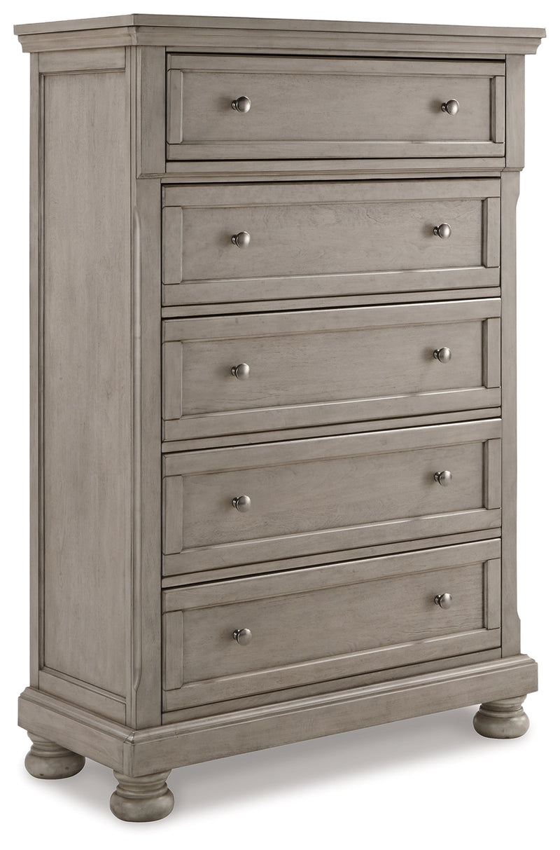 Lettner California King Panel Bed with Mirrored Dresser, Chest and 2 Nightstands in Light Gray from Ashley - Lara Furniture