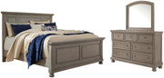 Lettner California King Panel Bed with Mirrored Dresser in Light Gray - PKG006596