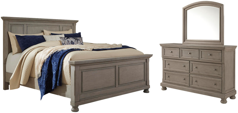 Lettner California King Panel Bed with Mirrored Dresser in Light Gray - PKG006596