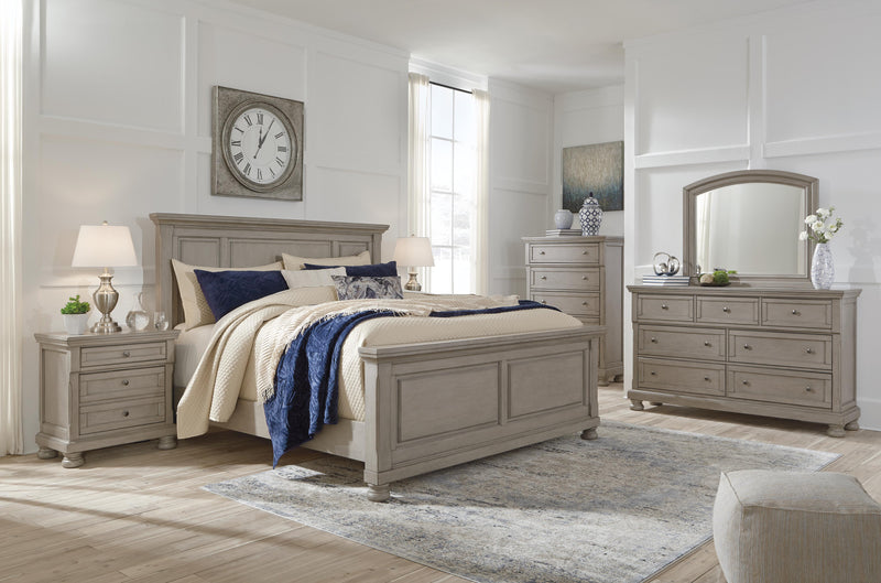 Lettner California King Panel Bed with Mirrored Dresser in Light Gray - PKG006596