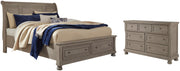 Lettner California King Sleigh Bed with 2 Storage Drawers and Dresser in Light Gray - PKG006607