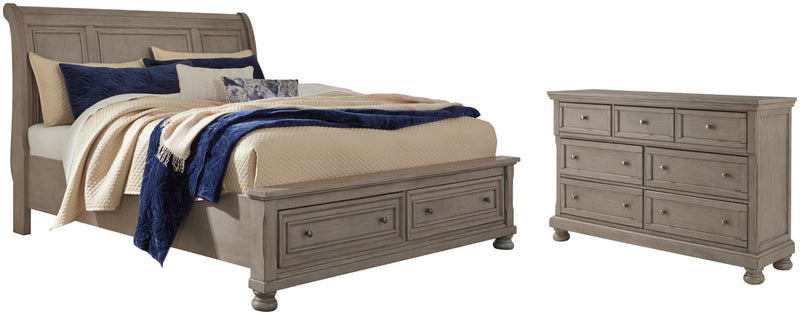 Lettner California King Sleigh Bed with 2 Storage Drawers and Dresser in Light Gray - PKG006607