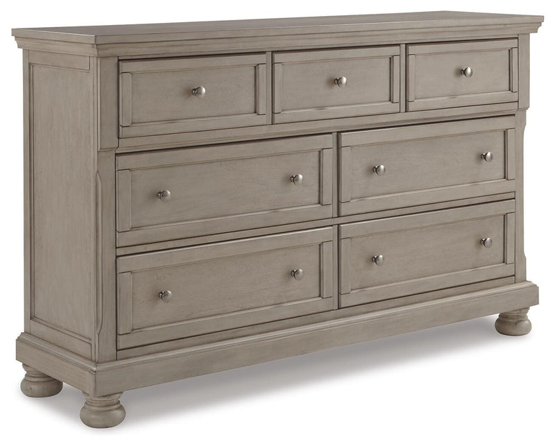 Lettner California King Sleigh Bed with 2 Storage Drawers and Dresser in Light Gray - PKG006607