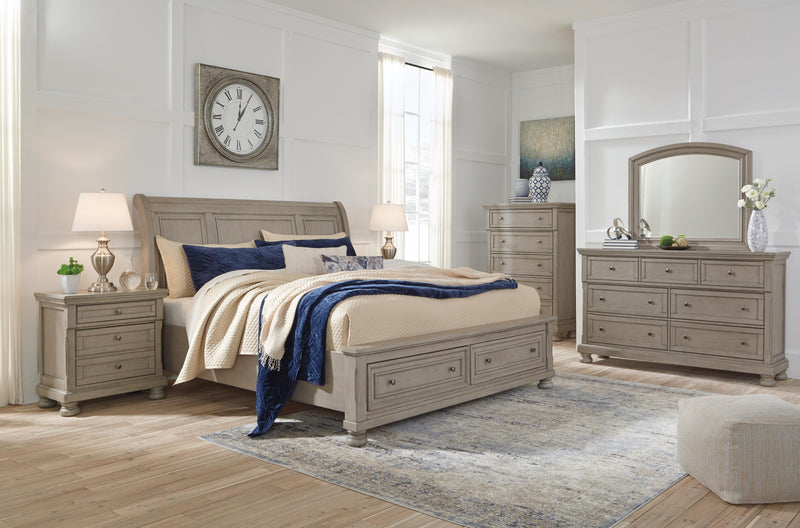 Lettner California King Sleigh Bed with Mirrored Dresser and 2 Nightstands in Light Gray - PKG006609