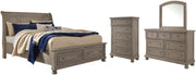 Lettner California King Sleigh Bed with Mirrored Dresser and Chest in Light Gray - PKG006610