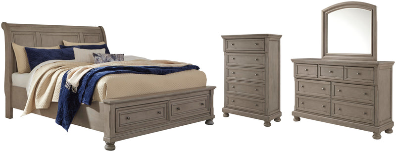 Lettner California King Sleigh Bed with Mirrored Dresser and Chest in Light Gray - PKG006610