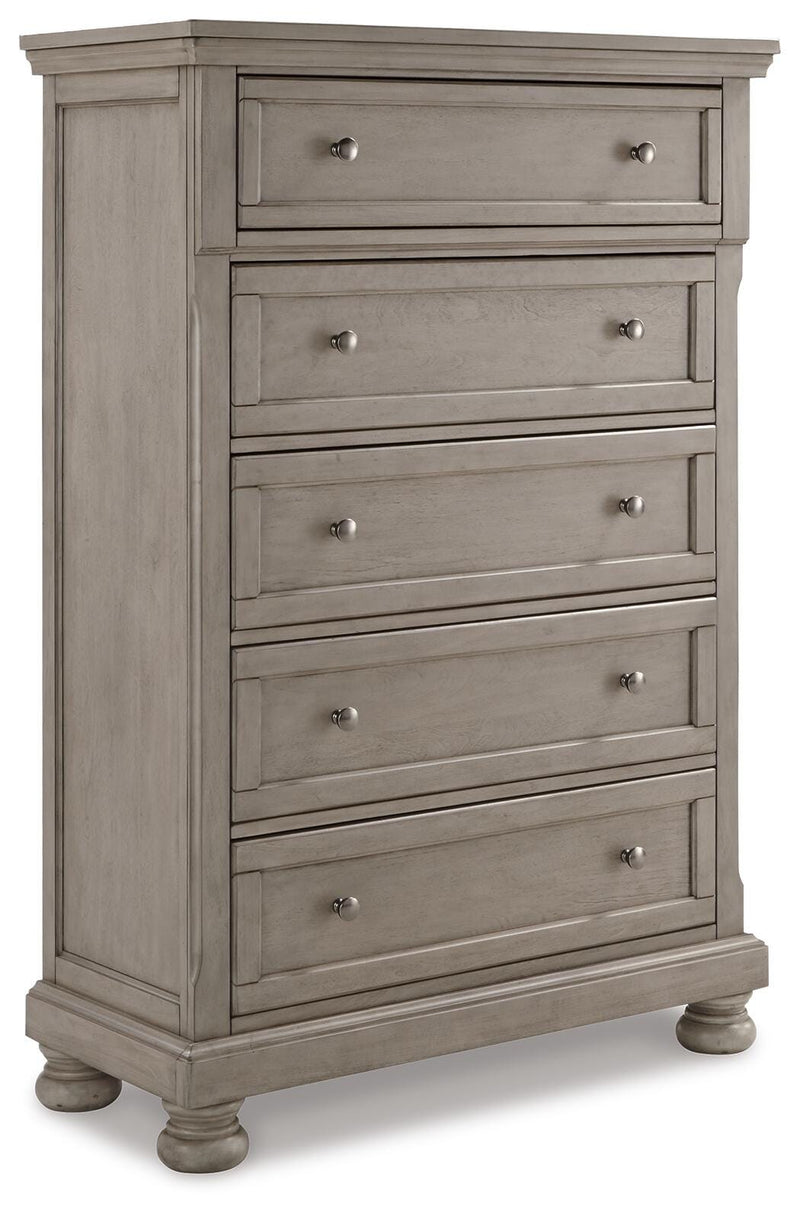 Lettner California King Sleigh Bed with Mirrored Dresser and Chest in Light Gray - PKG006610