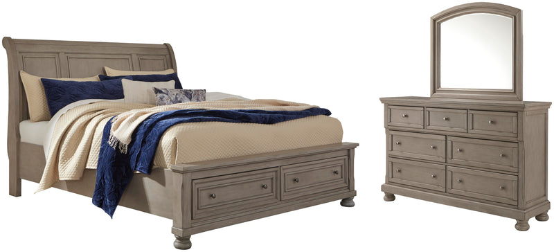 Lettner California King Sleigh Bed with Mirrored Dresser in Light Gray - PKG006608