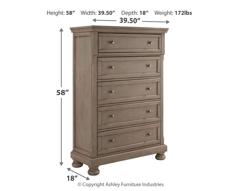 Lettner King Panel Bed with Mirrored Dresser and Chest in Light Gray - PKG006592