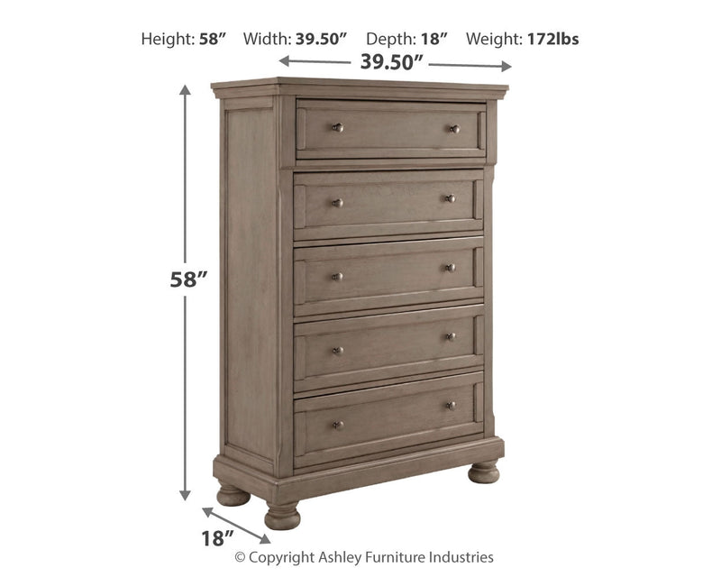 Lettner King Panel Bed with Mirrored Dresser, Chest and Nightstand in Light Gray from Ashley - Lara Furniture