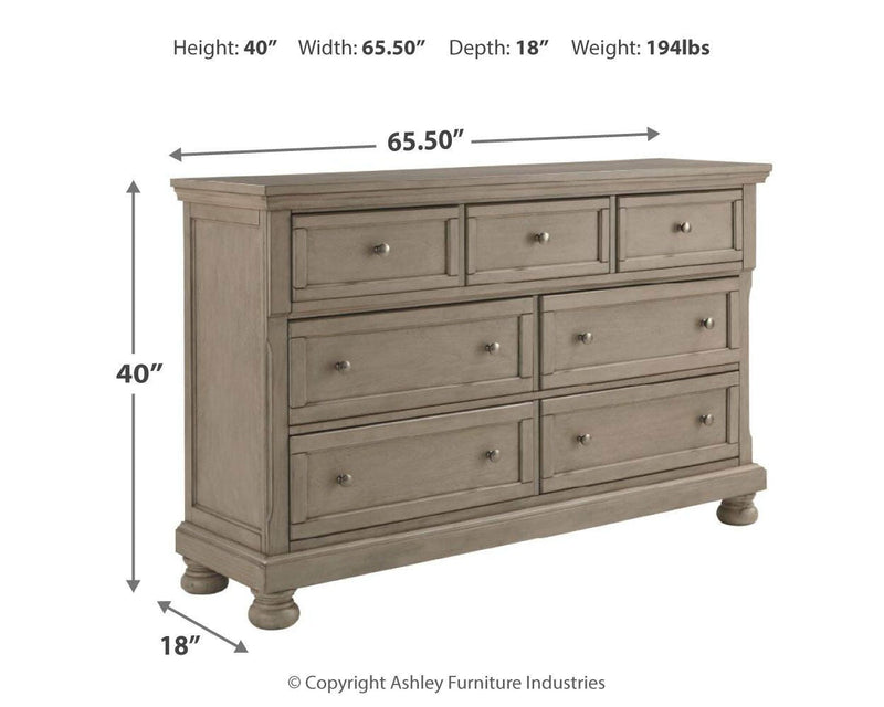 Lettner King Sleigh Bed with 2 Storage Drawers and Dresser in Light Gray - PKG006601