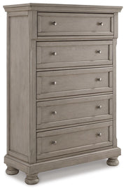 Lettner King Sleigh Bed with 2 Storage Drawers with Mirrored Dresser and Chest in Light Gray - PKG006604