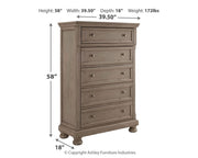 Lettner King Sleigh Bed with 2 Storage Drawers with Mirrored Dresser and Chest in Light Gray - PKG006604