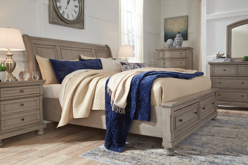 Lettner Light Gray King Sleigh Bed with 2 Storage Drawers - Lara FurnitureKing Bed