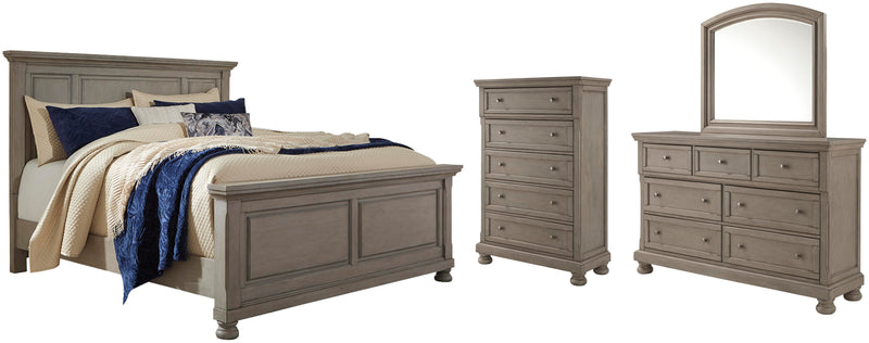 Lettner Queen Panel Bed with Mirrored Dresser and 2 Nightstands in Light Gray - PKG006578