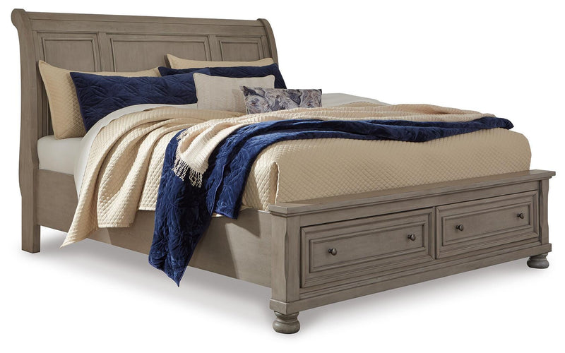 Lettner Queen Sleigh Bed with 2 Storage Drawers and Dresser in Light Gray - PKG006581
