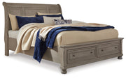 Lettner Queen Sleigh Bed with 2 Storage Drawers with Mirrored Dresser, Chest and 2 Nightstands in Light Gray from Ashley - Lara Furniture