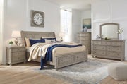 Lettner Queen Sleigh Bed with 2 Storage Drawers with Mirrored Dresser, Chest and 2 Nightstands in Light Gray from Ashley - Lara Furniture